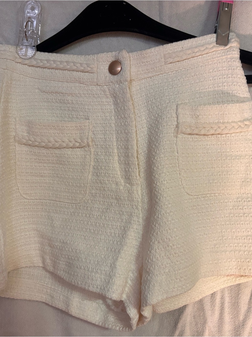 High-Waist Cream Women's Shorts with Braided Pocket Trim. Fits more like a small